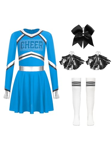 Jowowha Mädchen Cheer Leader Cheerleading Kostüm Langarm Cheer Kleid mit Pompoms Socken Haarband Halloween Karneval Fasching Tanzkleid Hellblau 146-152 von Jowowha