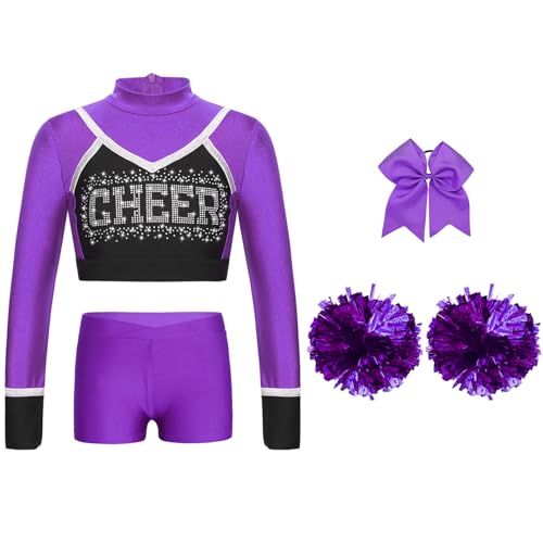 Jowowha Mädchen Cheer Leader Cheerleading Kostüm Langarm Crop Tops mit Shorts Pompoms Haarband Halloween Karneval Fasching Tanzkostüm Lila 170-176 von Jowowha