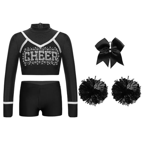 Jowowha Mädchen Cheer Leader Cheerleading Kostüm Langarm Crop Tops mit Shorts Pompoms Haarband Halloween Karneval Fasching Tanzkostüm Schwarz 110-116 von Jowowha