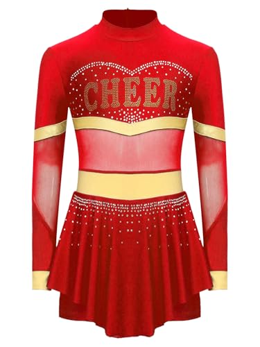 Jowowha Mädchen Cheer Leader Cheerleading Kostüm Langarm Kleid Mesh Patchwork Tanzkleid Halloween Karneval Fasching Partykleid Rot 146-152 von Jowowha