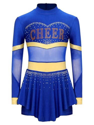 Jowowha Mädchen Cheer Leader Cheerleading Kostüm Langarm Kleid Mesh Patchwork Tanzkleid Halloween Karneval Fasching Partykleid Royal Blau 122-128 von Jowowha