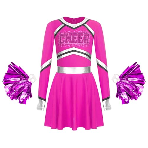 Jowowha Mädchen Cheer Leader Cheerleading Kostüm Langarm Kleid mit Pompoms Halloween Kostüm Karneval Fasching Partykleid Dunkel Rosa 134-140 von Jowowha