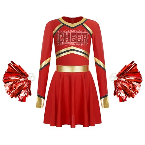 Jowowha Mädchen Cheer Leader Cheerleading Kostüm Langarm Kleid mit Pompoms Halloween Kostüm Karneval Fasching Partykleid Rot 122-128 von Jowowha