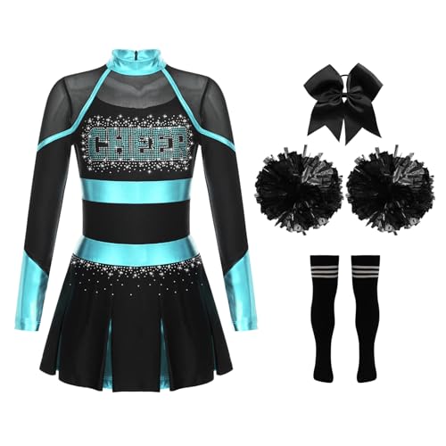 Jowowha Mädchen Cheer Leader Cheerleading Kostüm Langarm Kleid mit Pompoms Socken Halloween Kostüm Karneval Fasching Party A Blau Grün&Schwarz 110-116 von Jowowha