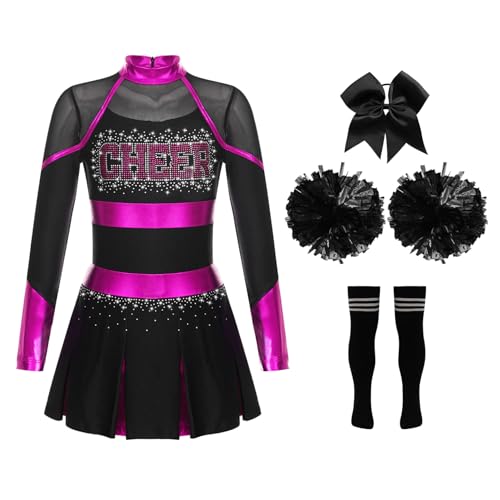 Jowowha Mädchen Cheer Leader Cheerleading Kostüm Langarm Kleid mit Pompoms Socken Halloween Kostüm Karneval Fasching Party A Dunkel Rosa&Schwarz 110-116 von Jowowha