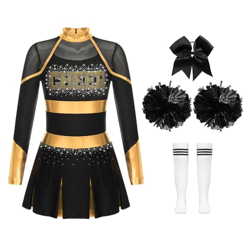 Jowowha Mädchen Cheer Leader Cheerleading Kostüm Langarm Kleid mit Pompoms Socken Halloween Kostüm Karneval Fasching Party A Gold&Weiß 134-140 von Jowowha