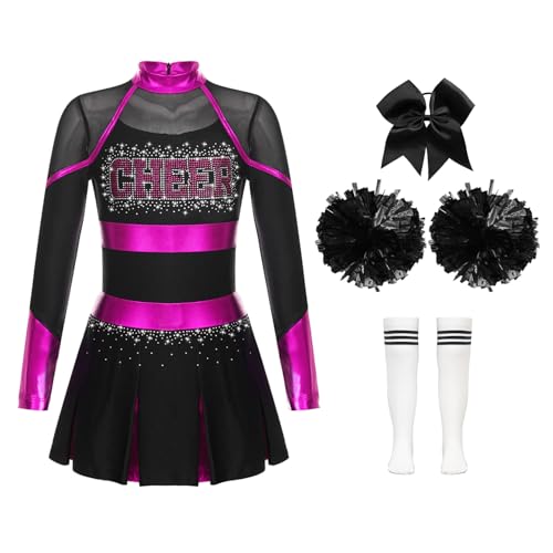 Jowowha Mädchen Cheer Leader Cheerleading Kostüm Langarm Kleid mit Pompoms Socken Halloween Kostüm Karneval Fasching Party A Rosa&Weiß 110-116 von Jowowha