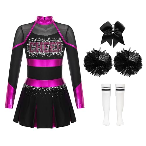 Jowowha Mädchen Cheer Leader Cheerleading Kostüm Langarm Kleid mit Pompoms Socken Halloween Kostüm Karneval Fasching Party A Rosa&Weiß 146-152 von Jowowha