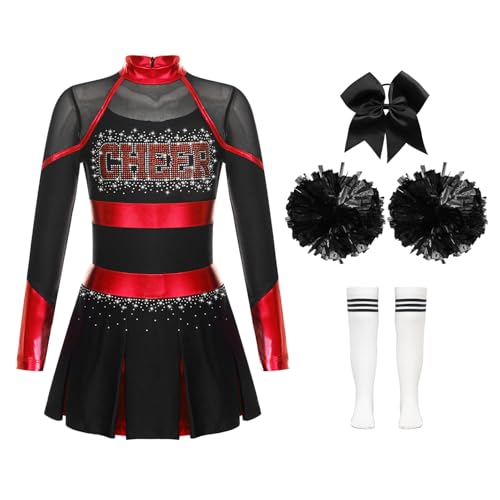 Jowowha Mädchen Cheer Leader Cheerleading Kostüm Langarm Kleid mit Pompoms Socken Halloween Kostüm Karneval Fasching Party A Rot&Weiß 110-116 von Jowowha