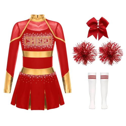 Jowowha Mädchen Cheer Leader Cheerleading Kostüm Langarm Kleid mit Pompoms Socken Halloween Kostüm Karneval Fasching Party Ba Rot 146-152 von Jowowha