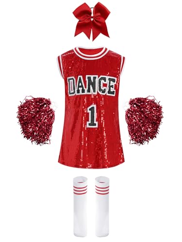 Jowowha Mädchen Cheer Leader Cheerleading Kostüm Pailletten Kleid mit Pompoms Socken Haarband Halloween Karneval Fasching Tanzkostüm Rot 110-116 von Jowowha