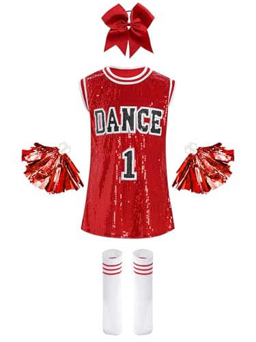 Jowowha Mädchen Cheer Leader Cheerleading Kostüm Pailletten Kleid mit Pompoms Socken Haarband Halloween Karneval Fasching Tanzkostüm Rot&Weiß 146-152 von Jowowha