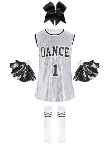 Jowowha Mädchen Cheer Leader Cheerleading Kostüm Pailletten Kleid mit Pompoms Socken Haarband Halloween Karneval Fasching Tanzkostüm Silber 158-164 von Jowowha