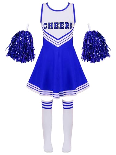 Jowowha Mädchen Cheer Leader Cheerleading Kostüm Schulmädchen Uniform Karneval Fasching Party Halloween Kostüm Kleid mit Pompoms Blau 146-152 von Jowowha