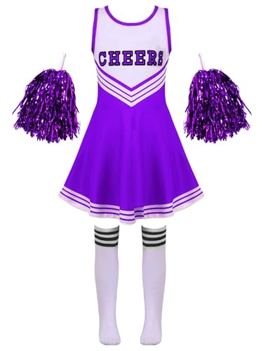 Jowowha Mädchen Cheer Leader Cheerleading Kostüm Schulmädchen Uniform Karneval Fasching Party Halloween Kostüm Kleid mit Pompoms Lila 110-116 von Jowowha