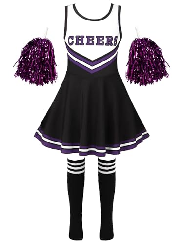 Jowowha Mädchen Cheer Leader Cheerleading Kostüm Schulmädchen Uniform Karneval Fasching Party Halloween Kostüm Kleid mit Pompoms Schwarz 134-140 von Jowowha