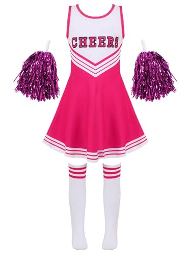 Jowowha Mädchen Cheer Leader Cheerleading Kostüm Schulmädchen Uniform Karneval Fasching Party Halloween Kostüm Kleid mit Pompoms Dunkel Rosa 110-116 von Jowowha