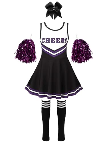 Jowowha Mädchen Cheer Leader Cheerleading Kostüm Schulmädchen Kleid mit Pompons Socken Karneval Fasching Party Halloween Kostüm Schwarz 122-128 von Jowowha