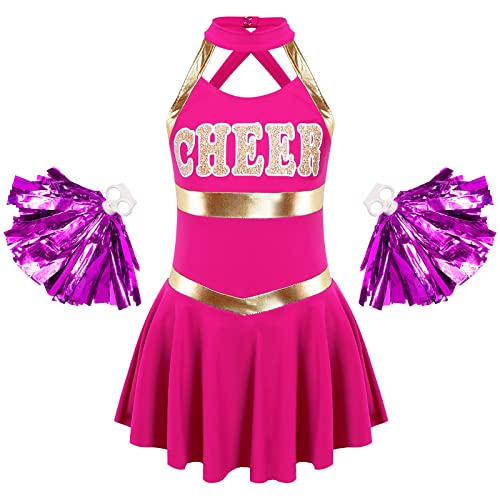 Jowowha Mädchen Cheer Leader Cheerleading Kostüm Ärmellos Cheer Kleid mit Pompoms Schulmädchen Uniform Halloween Karneval Show Tanzkleid C Dunkel Rosa ohne Socken 110-116 von Jowowha