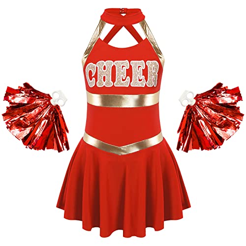 Jowowha Mädchen Cheer Leader Cheerleading Kostüm Ärmellos Cheer Kleid mit Pompoms Schulmädchen Uniform Halloween Karneval Show Tanzkleid C Rot ohne Socken 146-152 von Jowowha