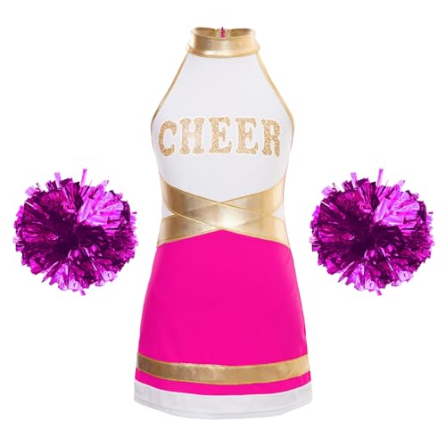 Jowowha Mädchen Cheer Leader Cheerleading Kostüm Cheer Kleid mit Pompoms Schulmädchen Uniform Karneval Fasching Halloween Show Tanzkleid Dunkel Rosa 110-116 von Jowowha