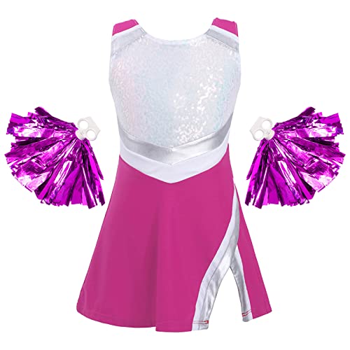 Jowowha Mädchen Cheer Leader Cheerleading Kostüm Glitzer Kleid mit Pompoms Schulmädchen Uniform Halloween Karneval Performance Tanzkostüm Rose 122-128 von Jowowha