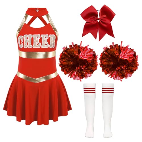 Jowowha Mädchen Cheer Leader Cheerleading Kostüm Schulmädchen Uniform Kleid mit Zubehör Halloween Kostüm Karneval Fasching Party Outfits Rot 122-128 von Jowowha