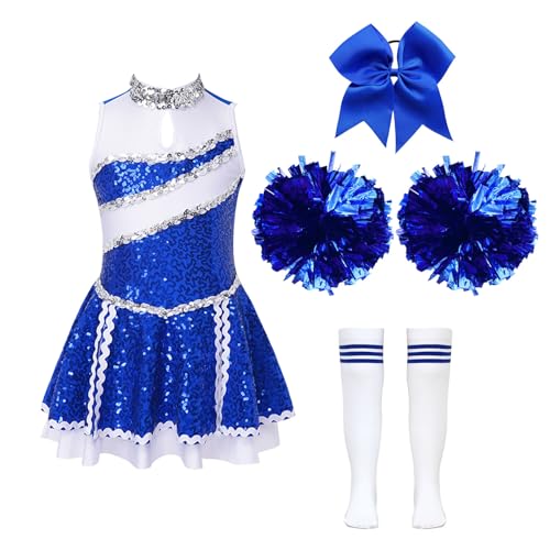 Jowowha Mädchen Cheer Leader Cheerleading Kostüm Glitzer Kleid mit Zubehör Cheer Tanzkleid Halloween Kostüm Karneval Fasching Party Outfits Blau 110-116 von Jowowha