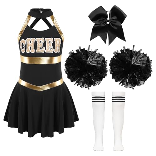 Jowowha Mädchen Cheer Leader Cheerleading Kostüm Schulmädchen Uniform Kleid mit Zubehör Halloween Kostüm Karneval Fasching Party Outfits Weiß&Schwarz 170-176 von Jowowha