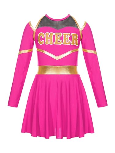 Jowowha Mädchen Cheer Leader Cheerleading Kostüm Schulmädchen Uniform Langarm Kleid Halloween Kostüm Karneval Faschingskostüm Dunkel Rosa 146-152 von Jowowha