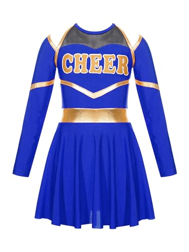 Jowowha Mädchen Cheer Leader Cheerleading Kostüm Schulmädchen Uniform Langarm Kleid Halloween Kostüm Karneval Faschingskostüm Royal Blau 170-176 von Jowowha