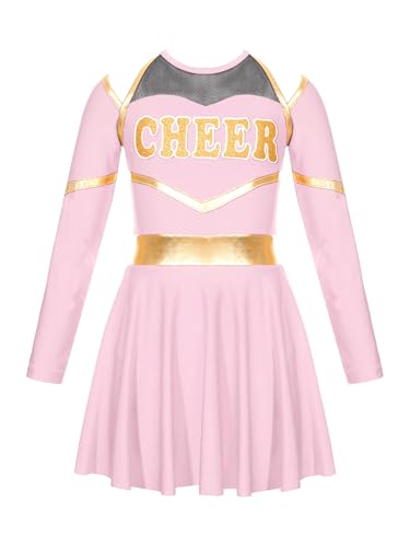 Jowowha Mädchen Cheer Leader Cheerleading Kostüm Schulmädchen Uniform Langarm Kleid Halloween Kostüm Karneval Faschingskostüm Rosa 110-116 von Jowowha