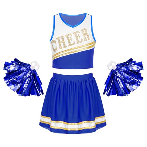 Jowowha Mädchen Cheer Leader Cheerleading Kostüm Schulmädchen Uniform Set mit Pompoms Halloween Kostüm Karneval Fasching Partykleid Aa Blau 110-116 von Jowowha