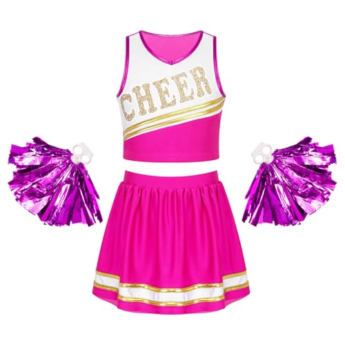 Jowowha Mädchen Cheer Leader Cheerleading Kostüm Schulmädchen Uniform Set mit Pompoms Halloween Kostüm Karneval Fasching Partykleid Aa Dunkel Rosa 134-140 von Jowowha