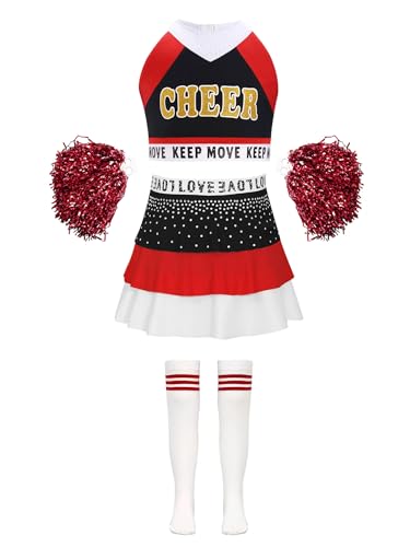 Jowowha Mädchen Cheer Leader Kostüm 4tlg. Cheer Crop Tops mit Rock Pompoms Socken Cheerleading Kleid Halloween Karneval Fasching Tanzkostüm Rot 134-140 von Jowowha