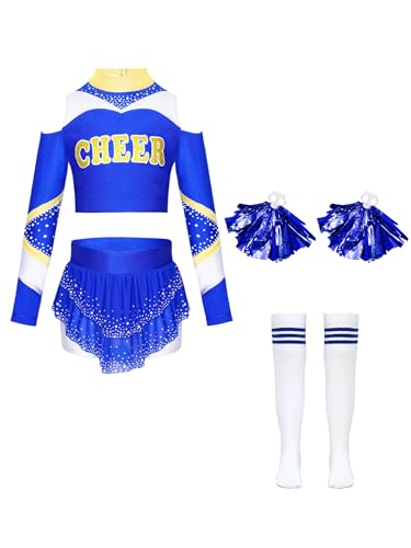 Jowowha Mädchen Cheer Leader Kostüm 4tlg.Langarm Crop Tops mit Rock Pompoms Socken Cheer Kleid Cheerleading Uniform Halloween Karneval Fasching Blau 146-152 von Jowowha