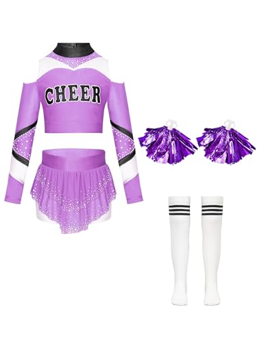 Jowowha Mädchen Cheer Leader Kostüm 4tlg.Langarm Crop Tops mit Rock Pompoms Socken Cheer Kleid Cheerleading Uniform Halloween Karneval Fasching Hell Lila 134-140 von Jowowha