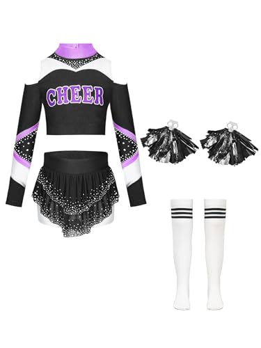 Jowowha Mädchen Cheer Leader Kostüm 4tlg.Langarm Crop Tops mit Rock Pompoms Socken Cheer Kleid Cheerleading Uniform Halloween Karneval Fasching Schwarz 110-116 von Jowowha