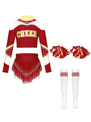 Jowowha Mädchen Cheer Leader Kostüm 4tlg.Langarm Crop Tops mit Rock Pompoms Socken Cheer Kleid Cheerleading Uniform Halloween Karneval Fasching Weinrot 134-140 von Jowowha