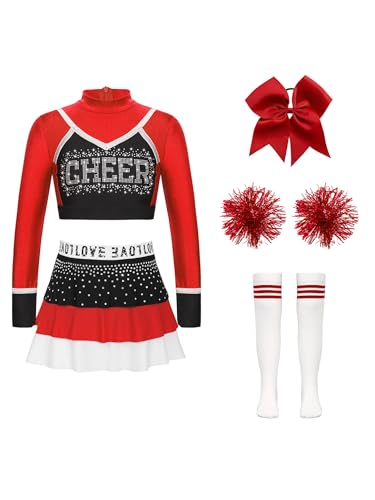 Jowowha Mädchen Cheer Leader Kostüm 5tlg.Langarm Crop Tops mit Rock Pompoms Haarband Cheerleading Uniform Tanzkleid Halloween Karneval Fasching Partykleid Rot&Weiß 122-128 von Jowowha