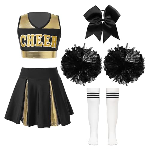 Jowowha Mädchen Cheer Leader Kostüm Cheerleading Uniform Crop Tops mit Rock Socken Pompons Stirnband Halloween Karneval Fasching Tanzkostüm A Weiß&Schwarz B 134-140 von Jowowha