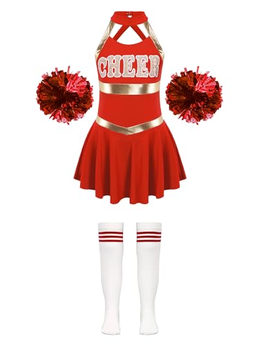 Jowowha Mädchen Cheer Leader Kostüm Cheerleading Uniform Kleid mit Pompoms Socken Halloween Kostüm Karneval Fasching Party Tanzkleid Aa Rot 122-128 von Jowowha