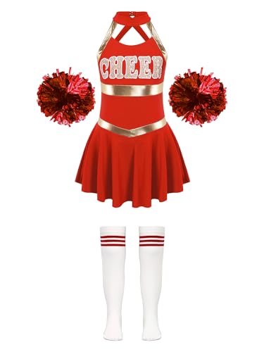 Jowowha Mädchen Cheer Leader Kostüm Cheerleading Uniform Kleid mit Pompoms Socken Halloween Kostüm Karneval Fasching Party Tanzkleid Rot 134-140 von Jowowha