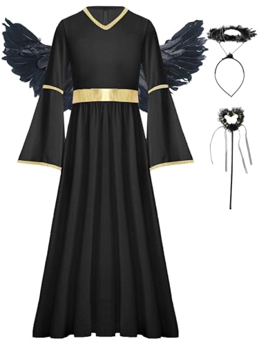 Jowowha Mädchen Engel Kleid mit Engelsflügel Heiligenschein Zauberstab Christkind Weihnachtsengel Kleid Mittelalter Renaissance Kleid Halloween Karneval Fasching Schwarz 122-128 von Jowowha