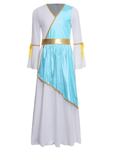 Jowowha Mädchen Griechische Göttin Kostüm Engel Kleid Prinzessin Kleid Römische Toga Kleid Halloween Karneval Fasching Kostüm Blau 110-116 von Jowowha