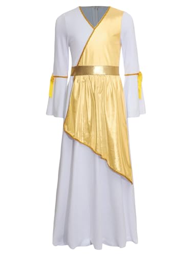 Jowowha Mädchen Griechische Göttin Kostüm Engel Kleid Prinzessin Kleid Römische Toga Kleid Halloween Karneval Fasching Kostüm Gold 110-116 von Jowowha