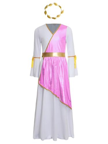 Jowowha Mädchen Griechische Göttin Kostüm mit Lorbeerkranz Engel Kleid Römische Toga Kleid Prinzessin Kleid Halloween Karneval Fasching Kostüm Rosa 170-176 von Jowowha