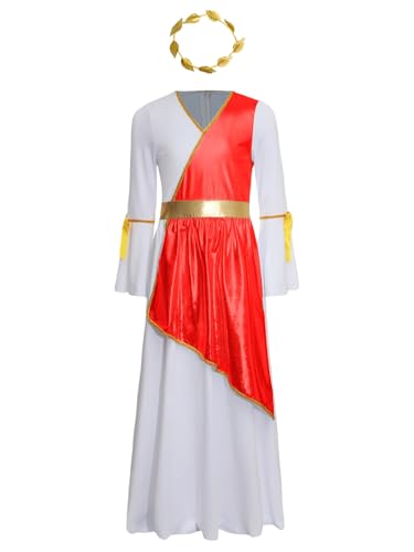 Jowowha Mädchen Griechische Göttin Kostüm mit Lorbeerkranz Engel Kleid Römische Toga Kleid Prinzessin Kleid Halloween Karneval Fasching Kostüm Rot 170-176 von Jowowha