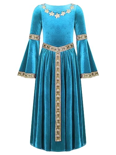 Jowowha Mädchen Mittelalter Kleid Renaissance Viktorianischen Kostüm Gothic Kleid Halloween Weihnachten Karneval Festlich Abendkleid Partykleid Hellblau 146-152 von Jowowha