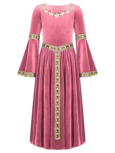 Jowowha Mädchen Mittelalter Kleid Renaissance Viktorianischen Kostüm Gothic Kleid Halloween Weihnachten Karneval Festlich Abendkleid Partykleid Rosa 122-128 von Jowowha